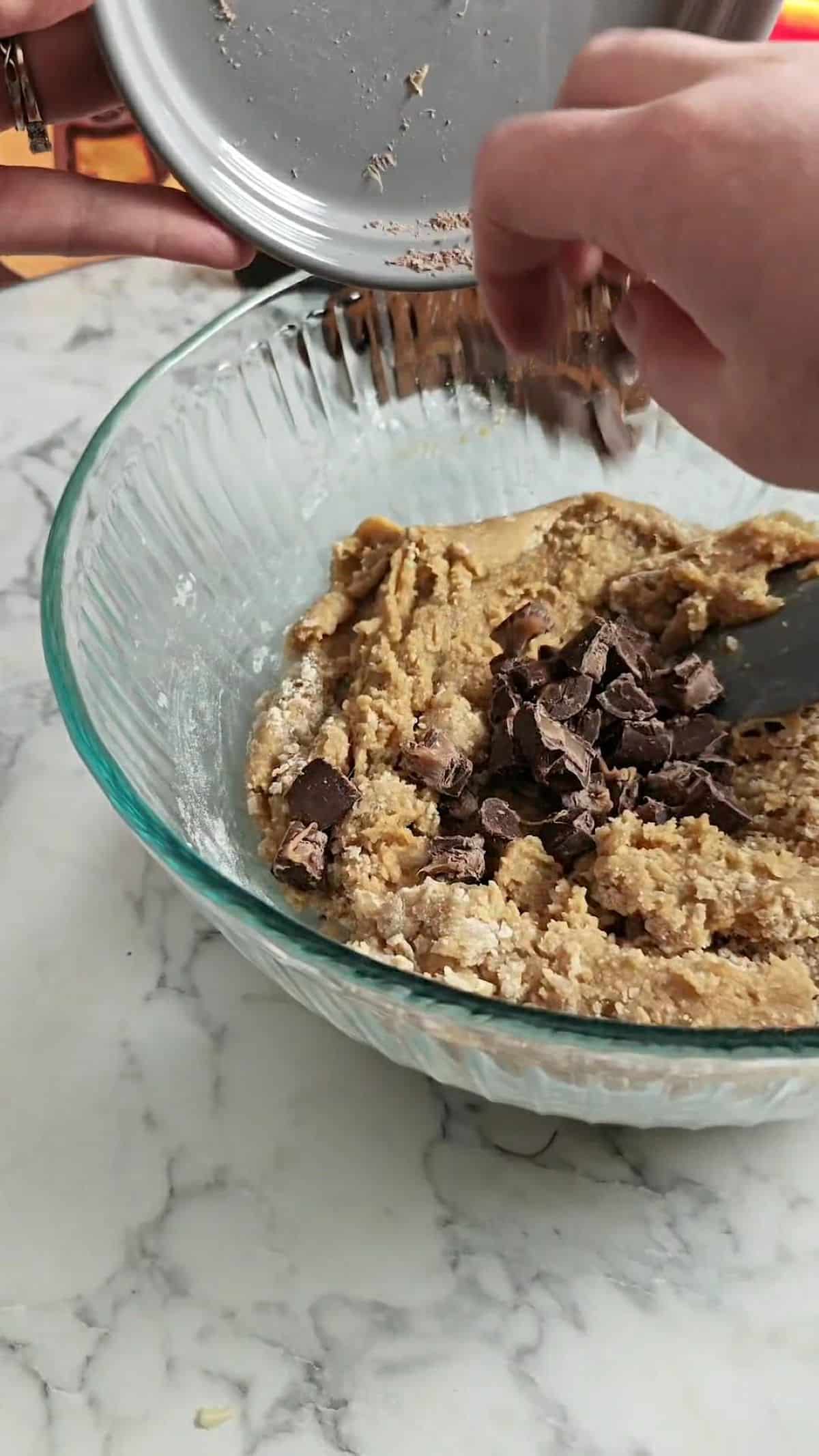 Rolo cookie dough in a bowl.