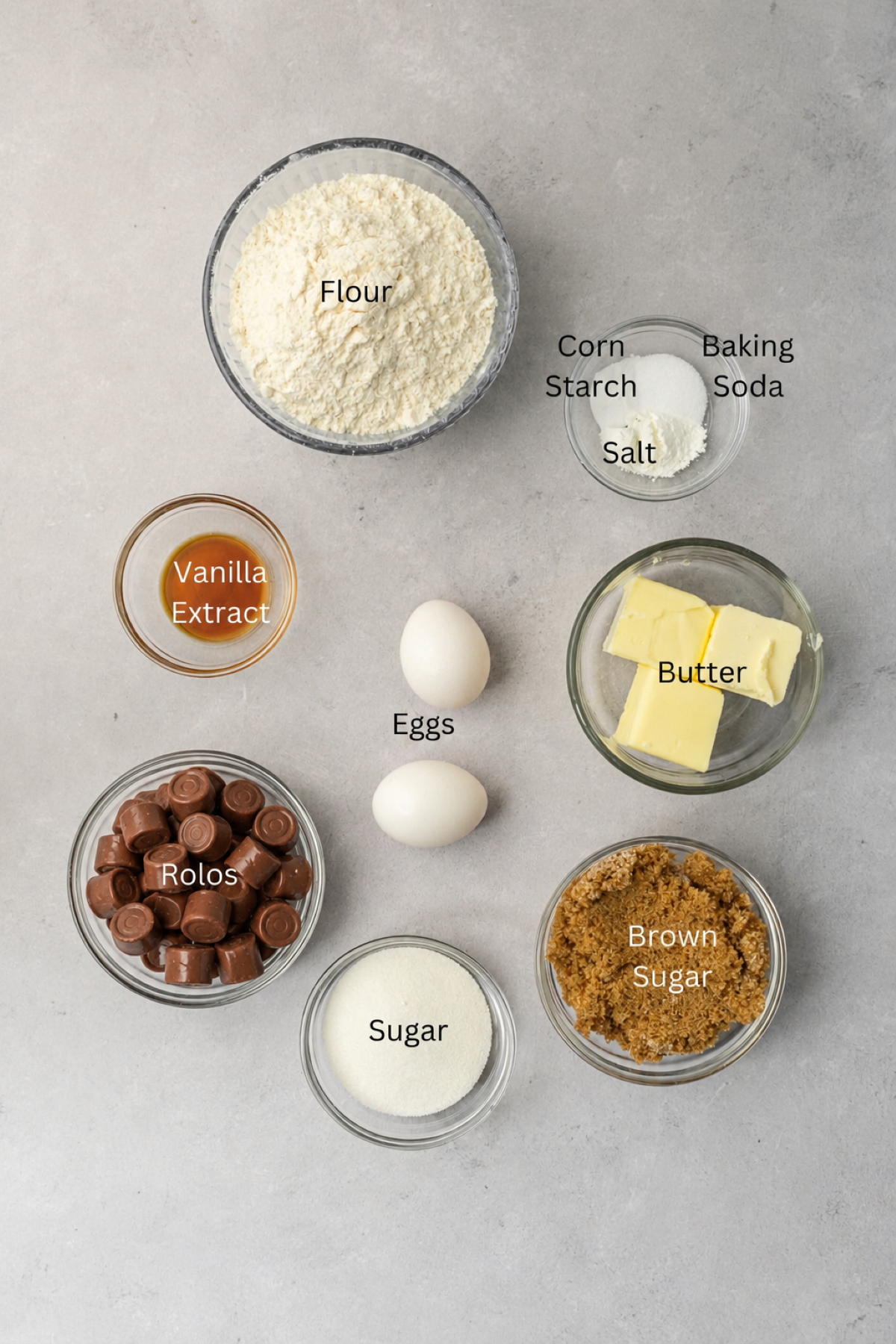 Ingredients laid out in bowls to make rolo stuffed cookies.